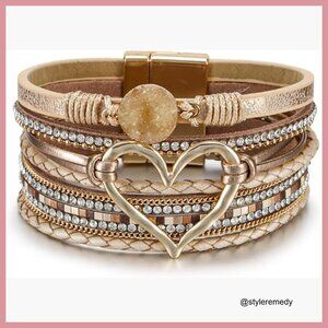 Leopard Leather Wrap Bracelet with Pearl Crystal Heart Design